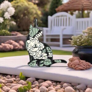 Floral Green White Black Cat Silhouette Pin Boho Brooch Enamel NEW! Fun Cottage